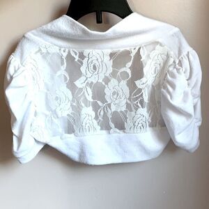 Poinc | Girls White Dressy Lace Short Sleeve Sweater Rose Flower Accents 7/8